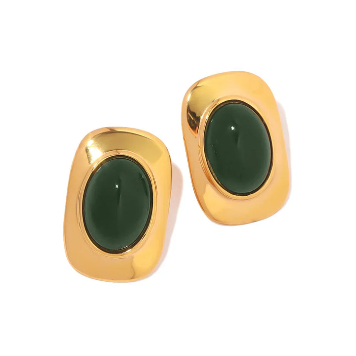 Vintage 18K Gold Plated Green Opal Oval Earrings